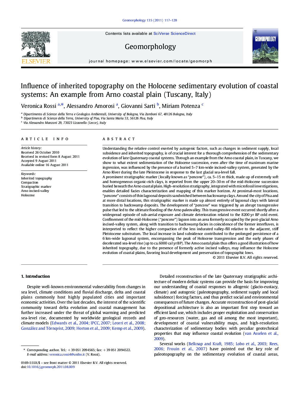 Influence of inherited topography on the Holocene sedimentary evolution of coastal systems: An example from Arno coastal plain (Tuscany, Italy)