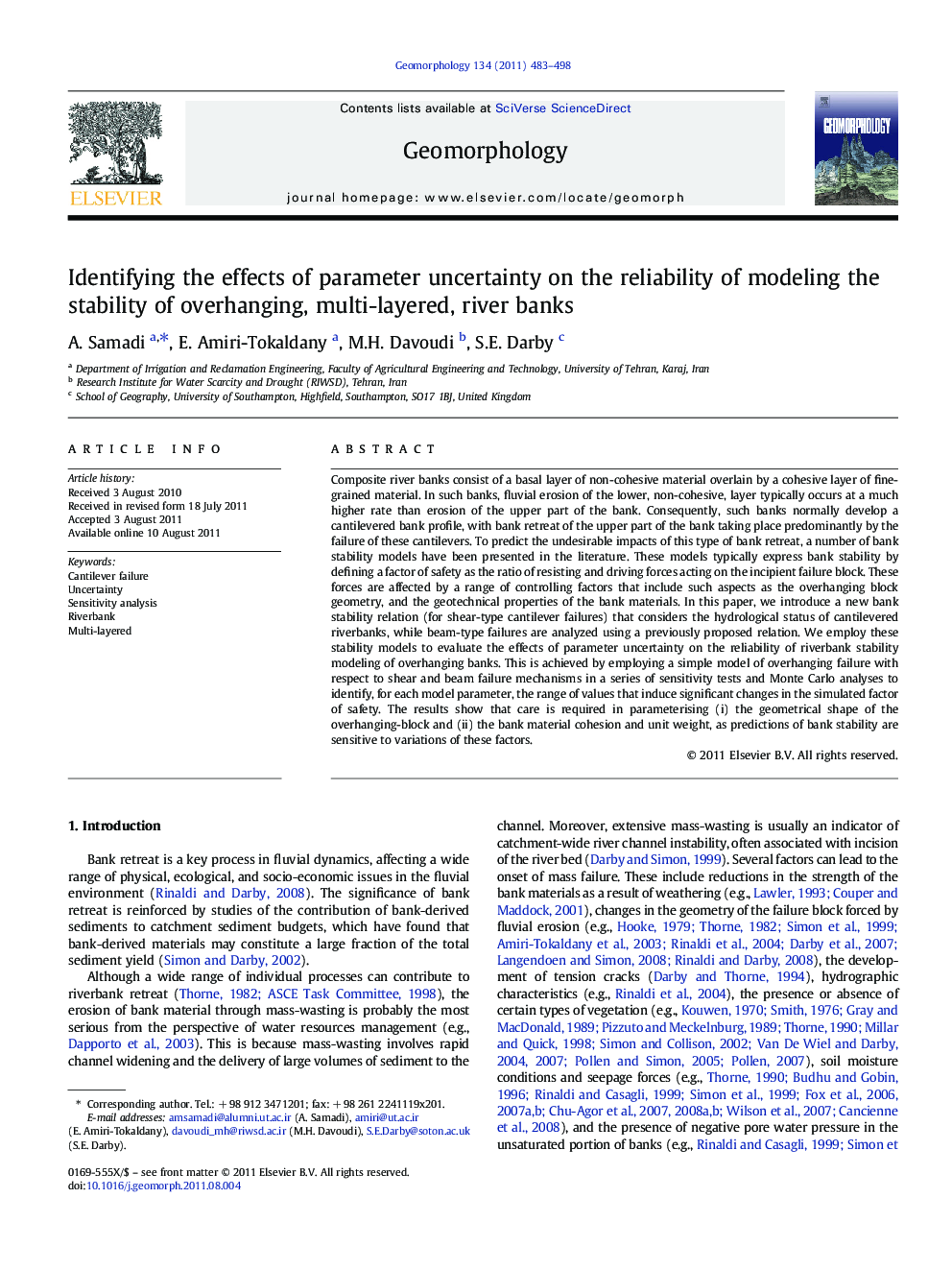 Identifying the effects of parameter uncertainty on the reliability of modeling the stability of overhanging, multi-layered, river banks