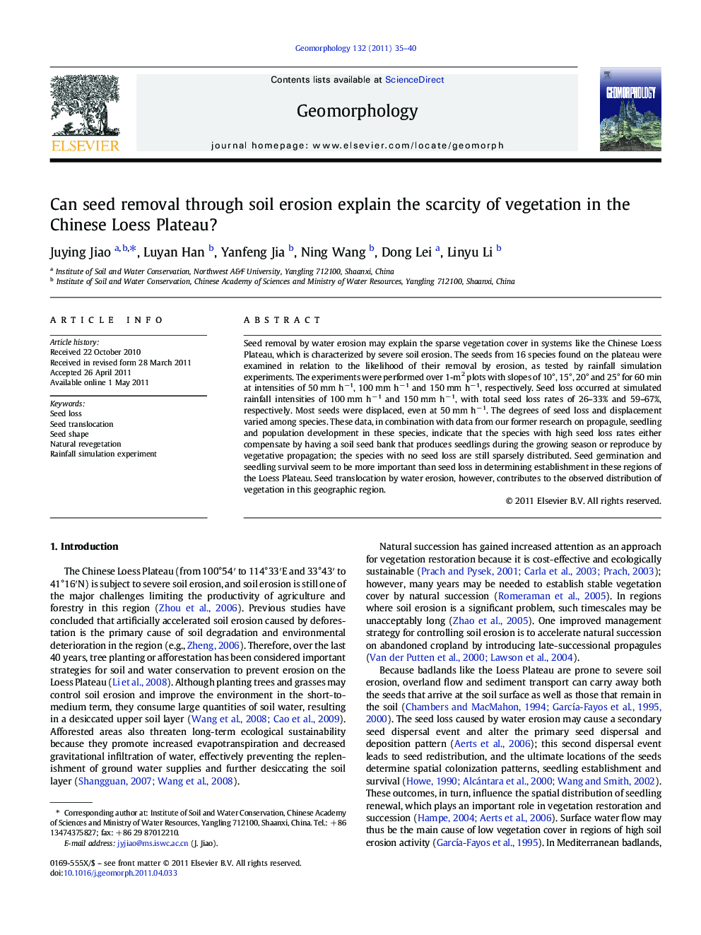 Can seed removal through soil erosion explain the scarcity of vegetation in the Chinese Loess Plateau?