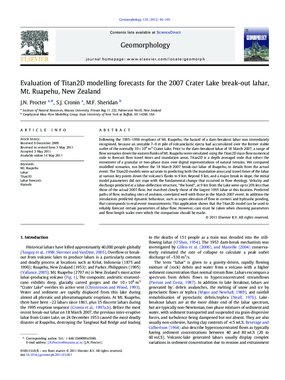 Evaluation of Titan2D modelling forecasts for the 2007 Crater Lake break-out lahar, Mt. Ruapehu, New Zealand