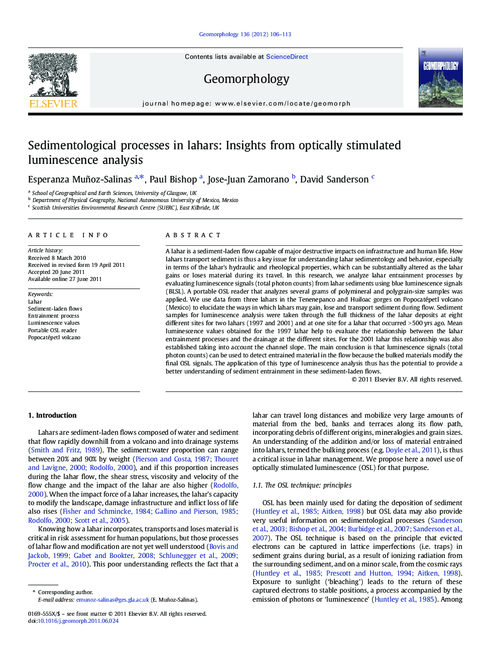 Sedimentological processes in lahars: Insights from optically stimulated luminescence analysis