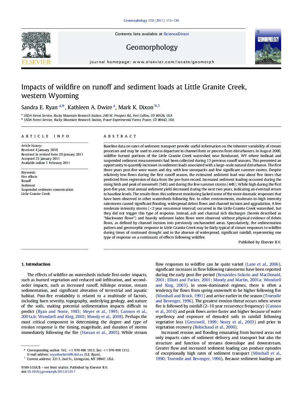 Impacts of wildfire on runoff and sediment loads at Little Granite Creek, western Wyoming