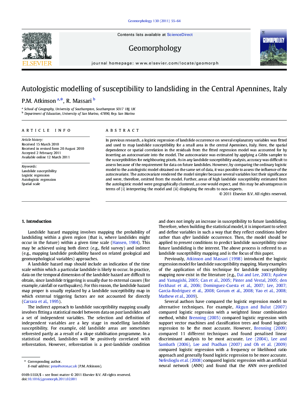 Autologistic modelling of susceptibility to landsliding in the Central Apennines, Italy