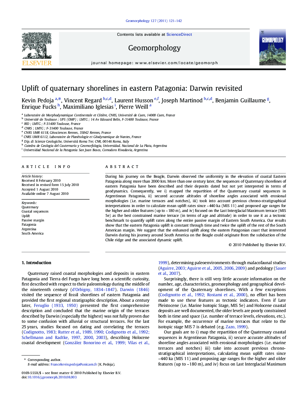 Uplift of quaternary shorelines in eastern Patagonia: Darwin revisited