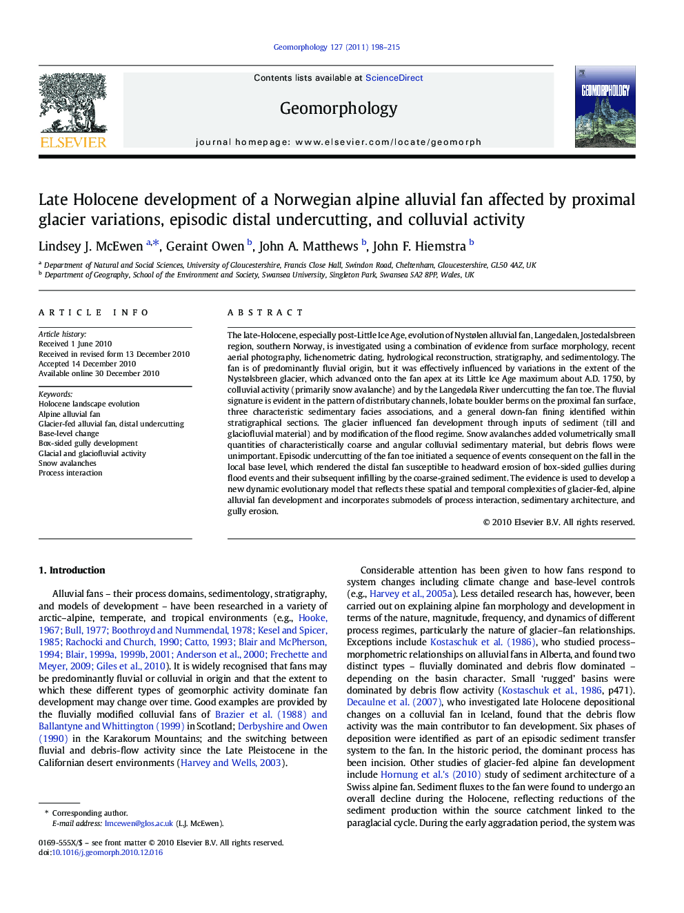 Late Holocene development of a Norwegian alpine alluvial fan affected by proximal glacier variations, episodic distal undercutting, and colluvial activity