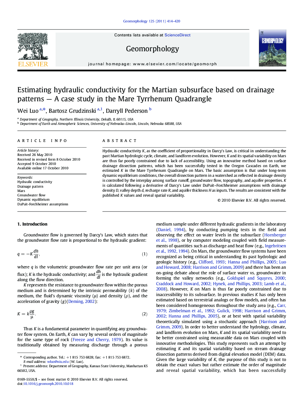 Estimating hydraulic conductivity for the Martian subsurface based on drainage patterns — A case study in the Mare Tyrrhenum Quadrangle