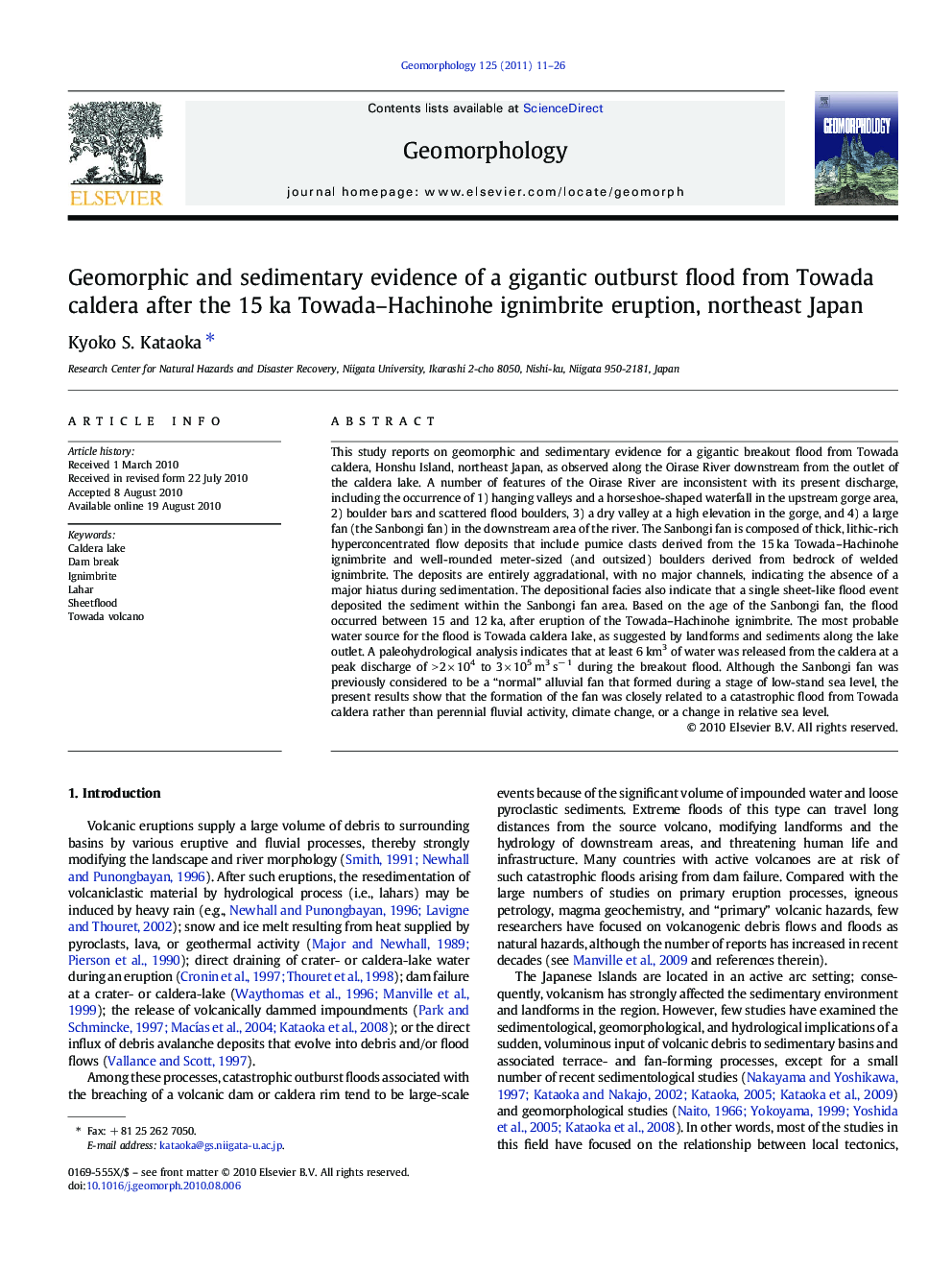 Geomorphic and sedimentary evidence of a gigantic outburst flood from Towada caldera after the 15 ka Towada–Hachinohe ignimbrite eruption, northeast Japan