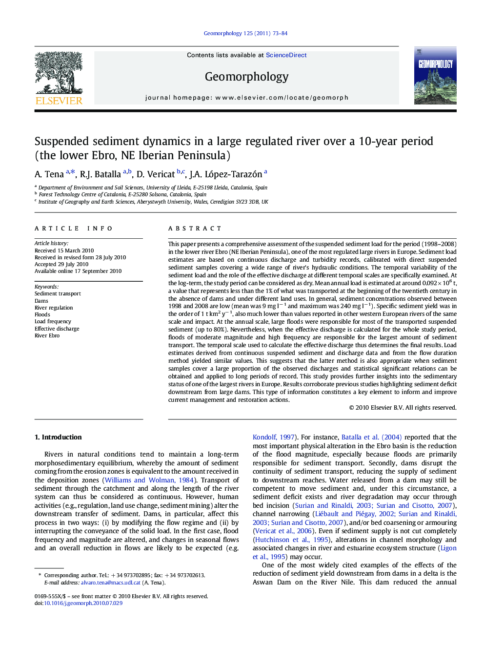 Suspended sediment dynamics in a large regulated river over a 10-year period (the lower Ebro, NE Iberian Peninsula)