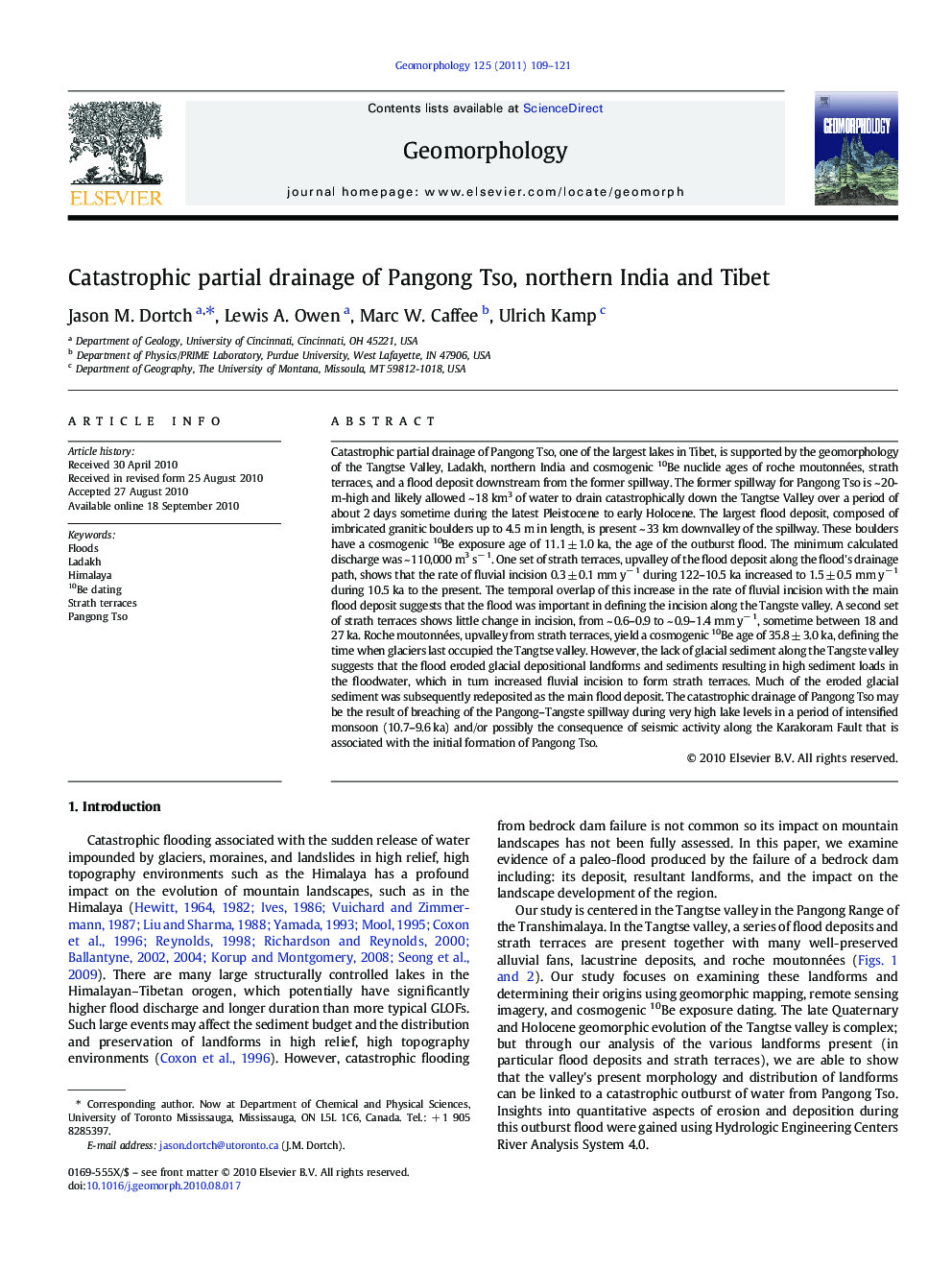 Catastrophic partial drainage of Pangong Tso, northern India and Tibet