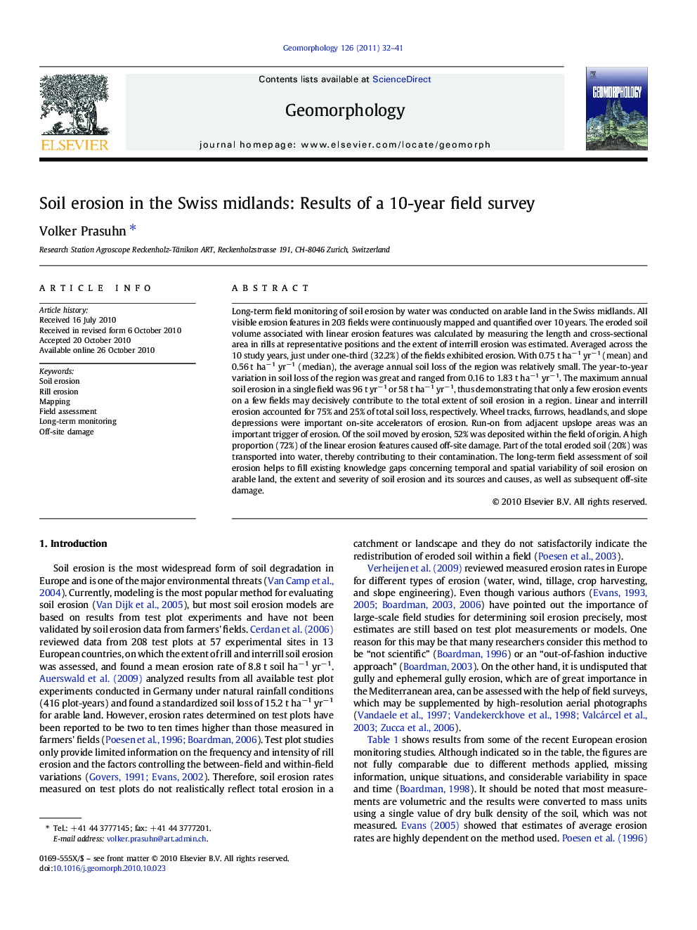 Soil erosion in the Swiss midlands: Results of a 10-year field survey