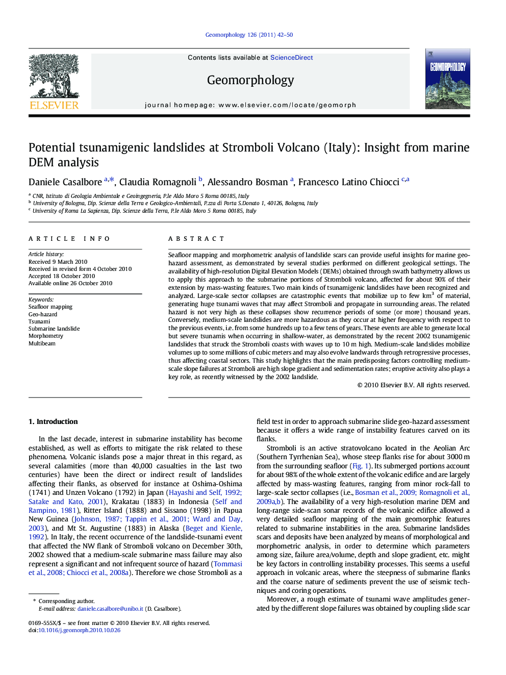 Potential tsunamigenic landslides at Stromboli Volcano (Italy): Insight from marine DEM analysis