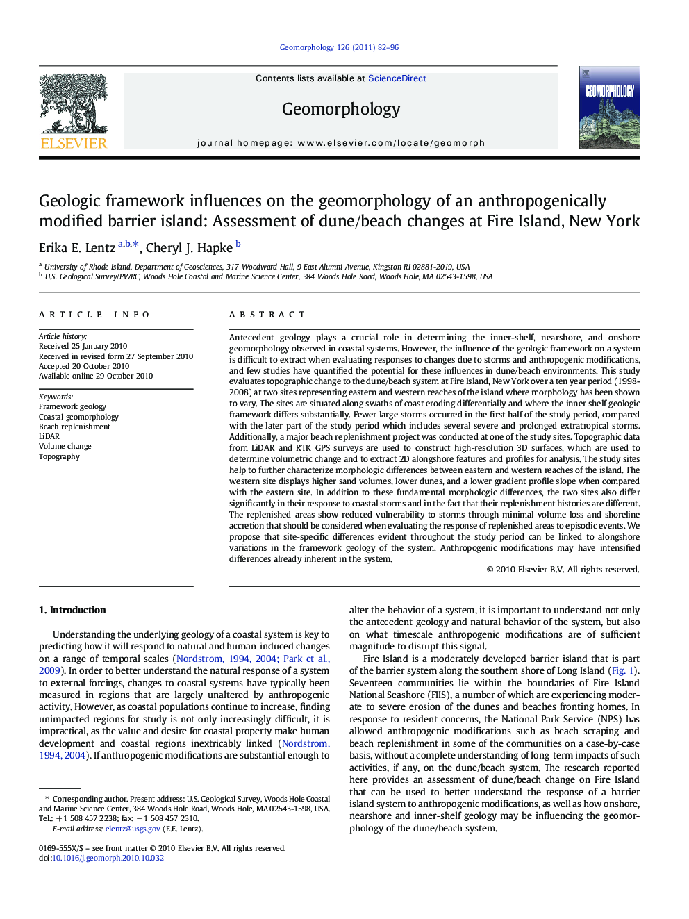 Geologic framework influences on the geomorphology of an anthropogenically modified barrier island: Assessment of dune/beach changes at Fire Island, New York