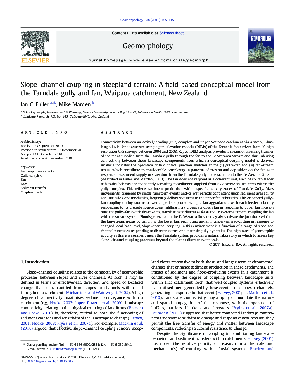 Slope–channel coupling in steepland terrain: A field-based conceptual model from the Tarndale gully and fan, Waipaoa catchment, New Zealand