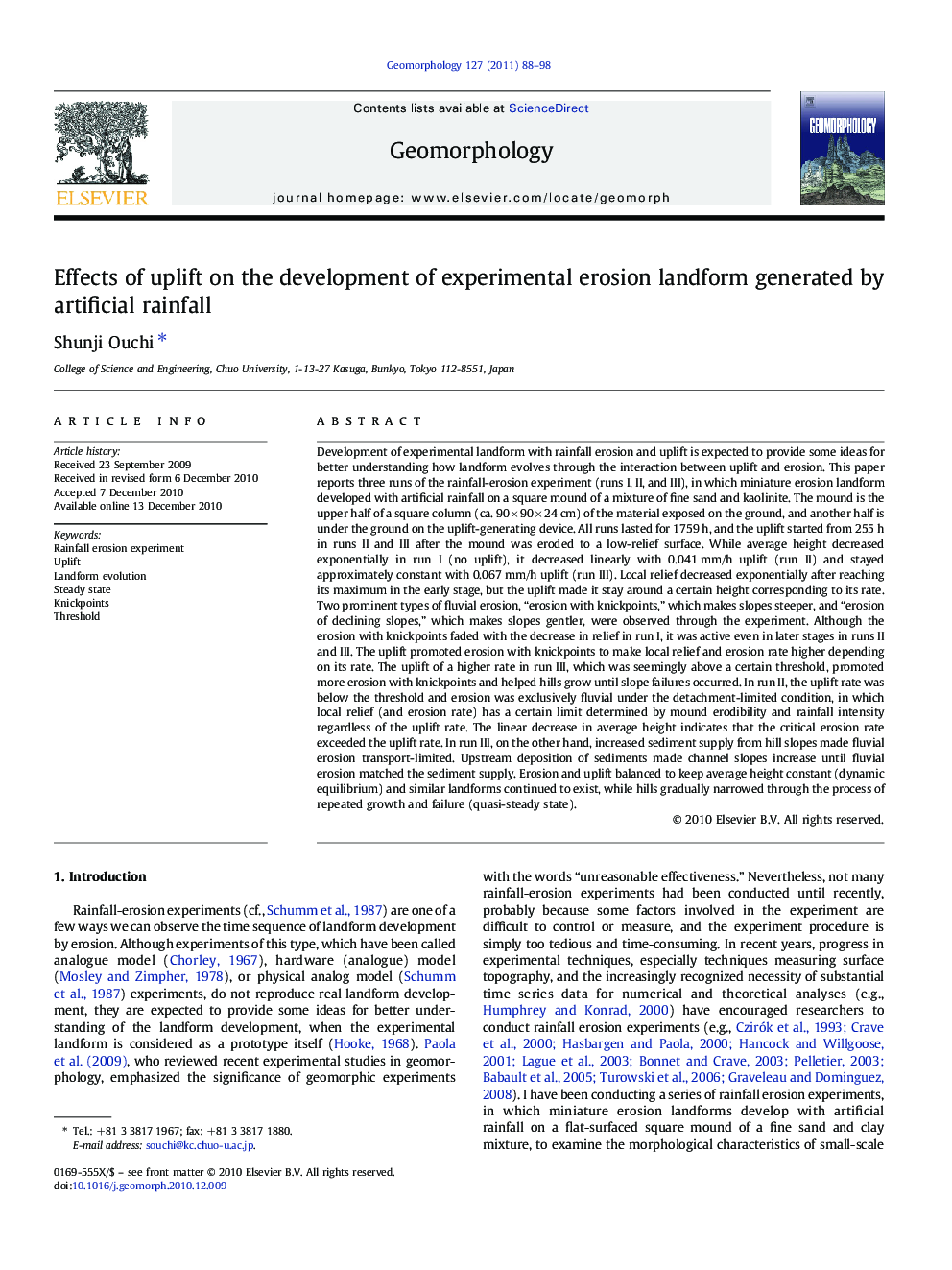 Effects of uplift on the development of experimental erosion landform generated by artificial rainfall