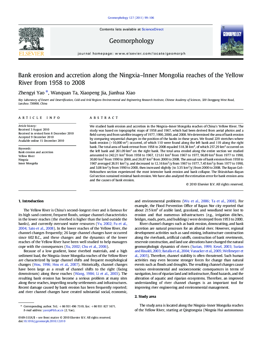 عکس صفحه اول مقاله: Bank erosion and accretion along the Ningxia–Inner Mongolia reaches of the Yellow River from 1958 to 2008 Bank erosion and accretion along the Ningxia–Inner Mongolia reaches of the Yellow River from 1958 to 2008