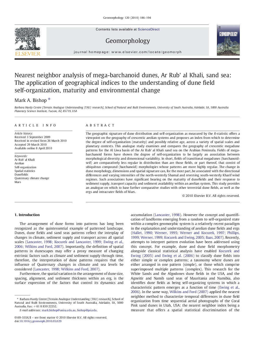 Nearest neighbor analysis of mega-barchanoid dunes, Ar Rub' al Khali, sand sea: The application of geographical indices to the understanding of dune field self-organization, maturity and environmental change