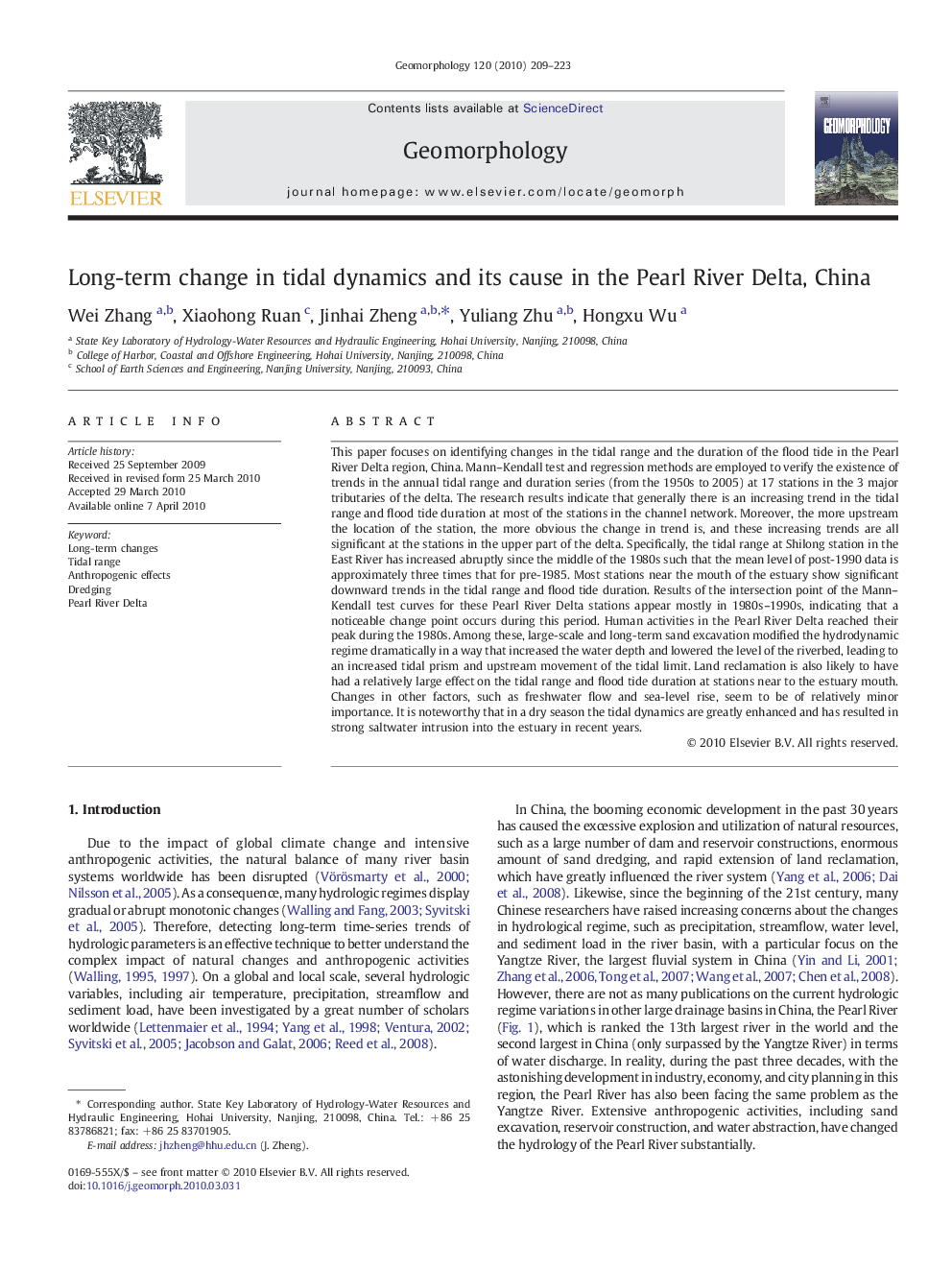 Long-term change in tidal dynamics and its cause in the Pearl River Delta, China