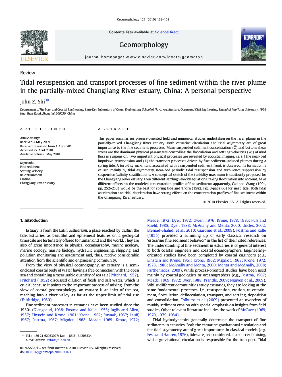 Tidal resuspension and transport processes of fine sediment within the river plume in the partially-mixed Changjiang River estuary, China: A personal perspective