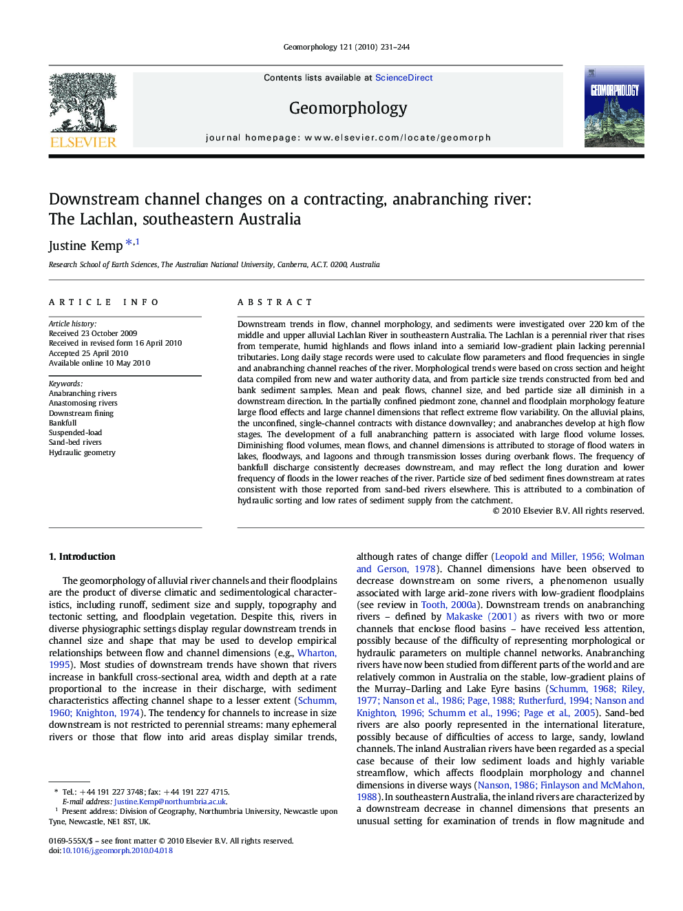 Downstream channel changes on a contracting, anabranching river: The Lachlan, southeastern Australia