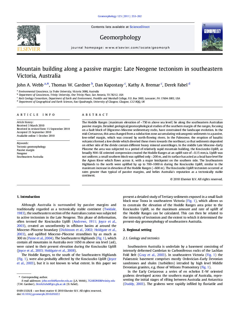 Mountain building along a passive margin: Late Neogene tectonism in southeastern Victoria, Australia