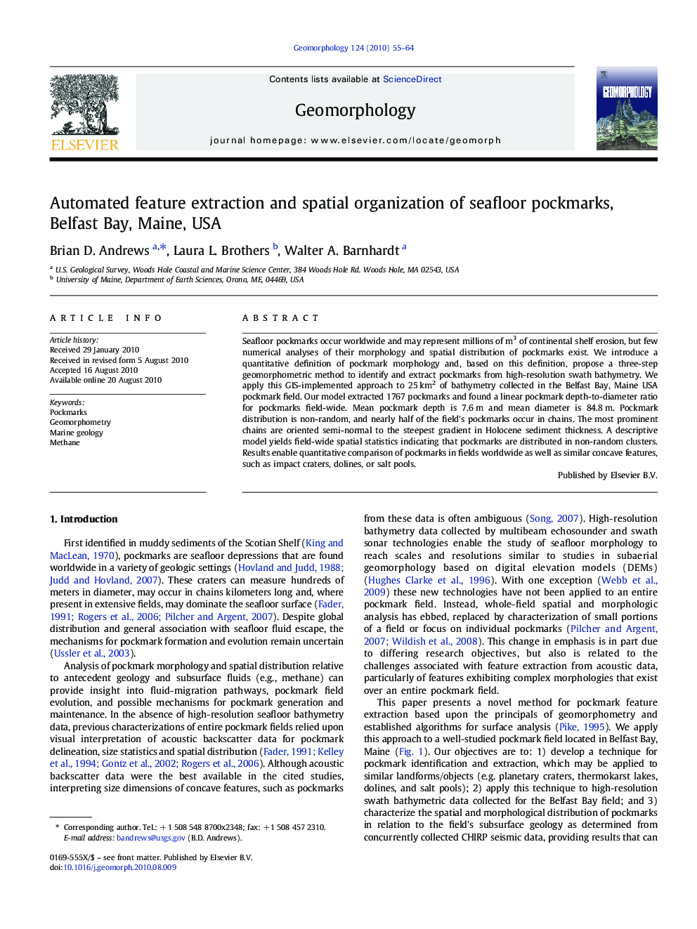 Automated feature extraction and spatial organization of seafloor pockmarks, Belfast Bay, Maine, USA