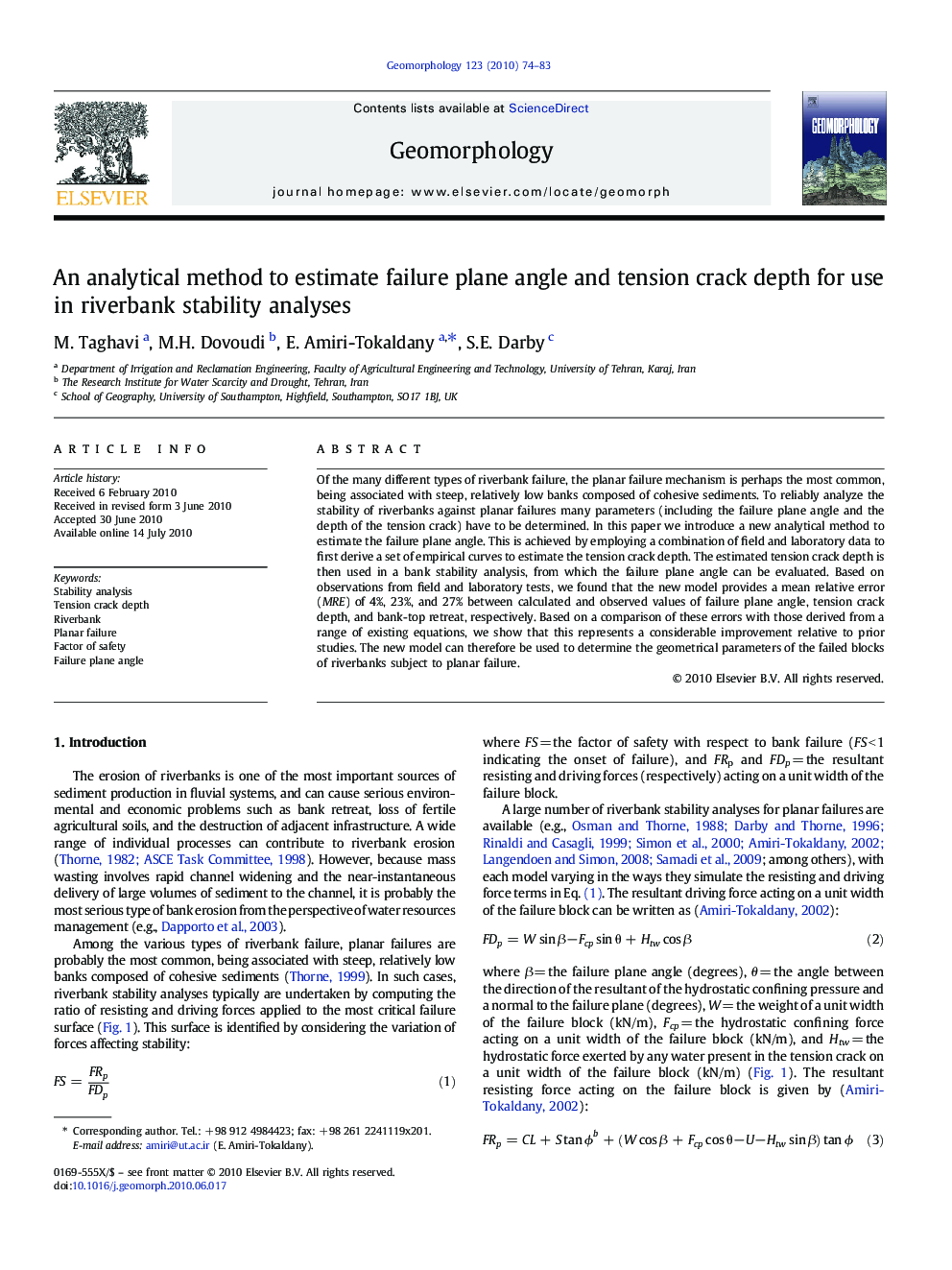 An analytical method to estimate failure plane angle and tension crack depth for use in riverbank stability analyses