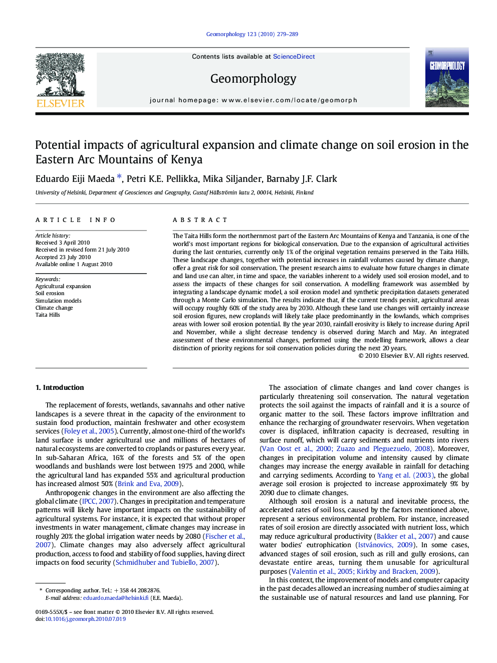 Potential impacts of agricultural expansion and climate change on soil erosion in the Eastern Arc Mountains of Kenya