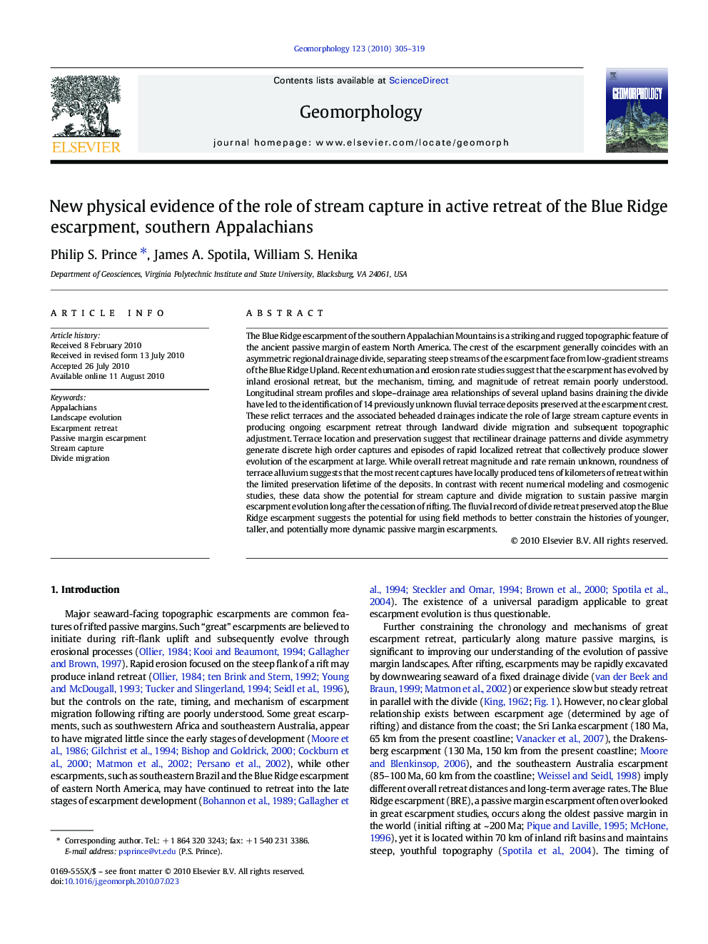 New physical evidence of the role of stream capture in active retreat of the Blue Ridge escarpment, southern Appalachians