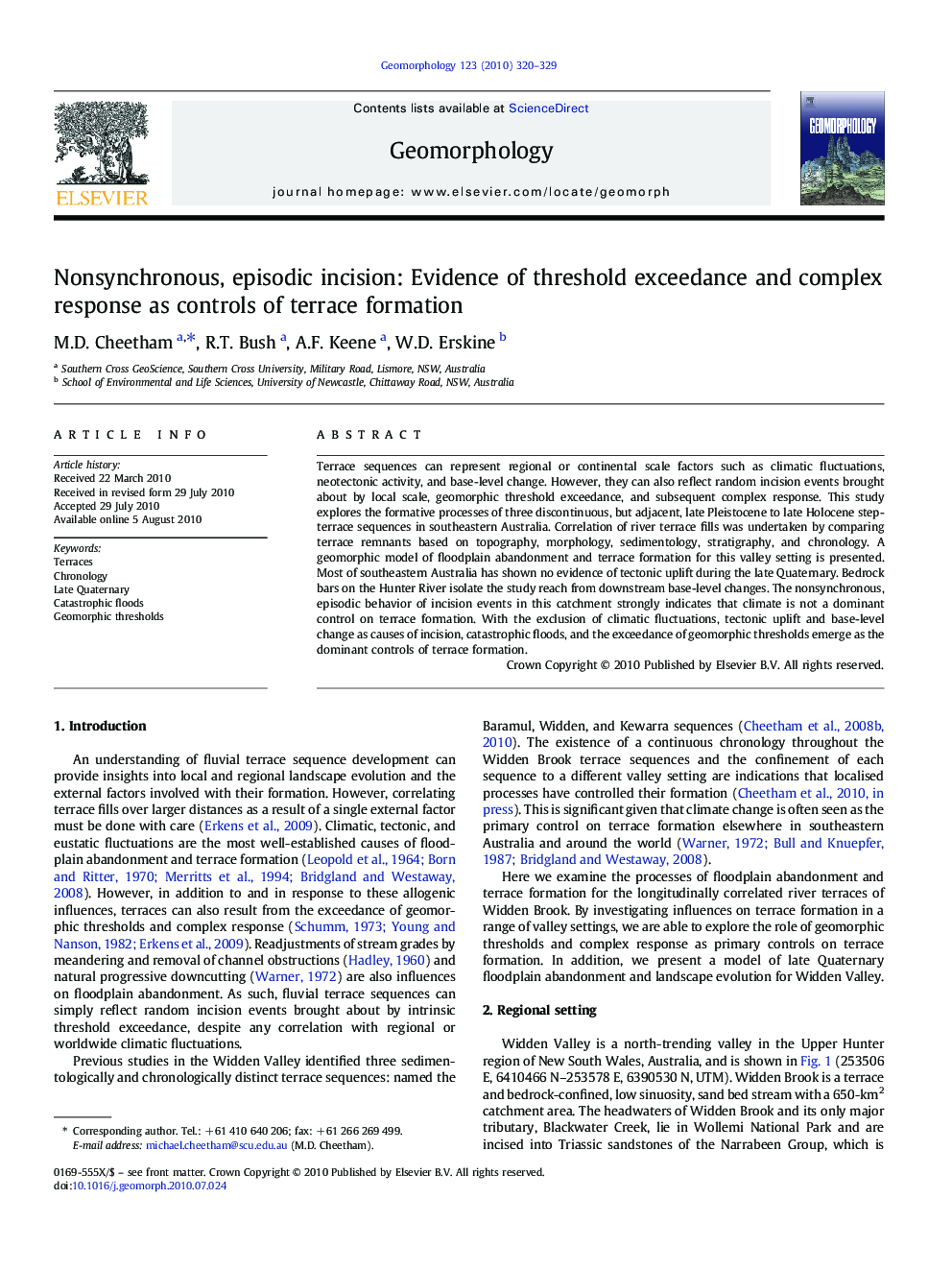 Nonsynchronous, episodic incision: Evidence of threshold exceedance and complex response as controls of terrace formation