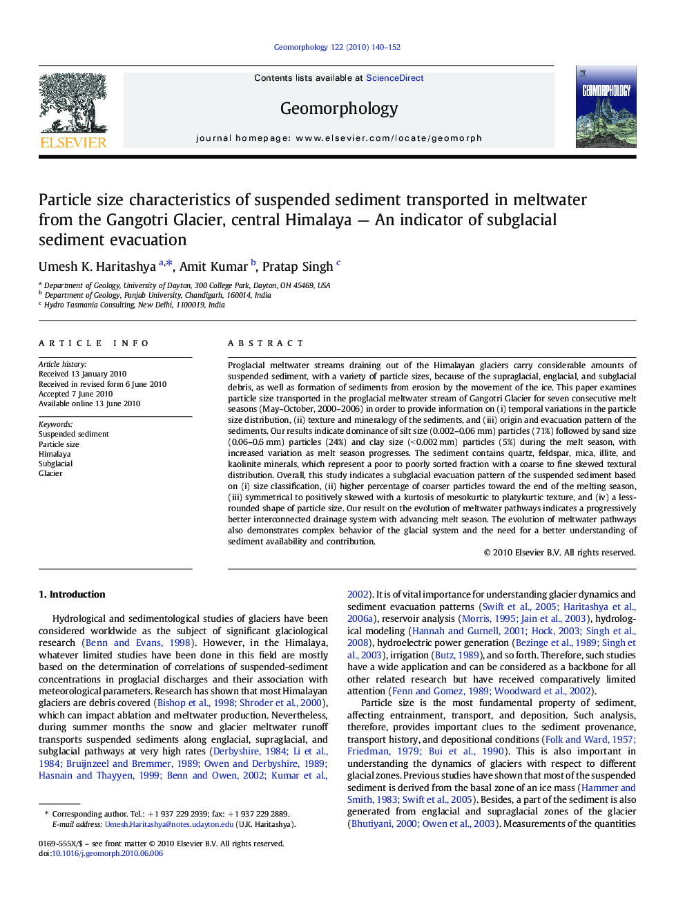 Particle size characteristics of suspended sediment transported in meltwater from the Gangotri Glacier, central Himalaya — An indicator of subglacial sediment evacuation