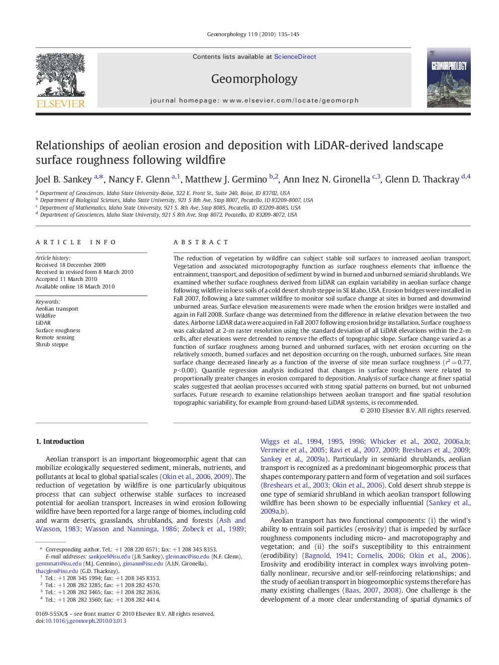 Relationships of aeolian erosion and deposition with LiDAR-derived landscape surface roughness following wildfire