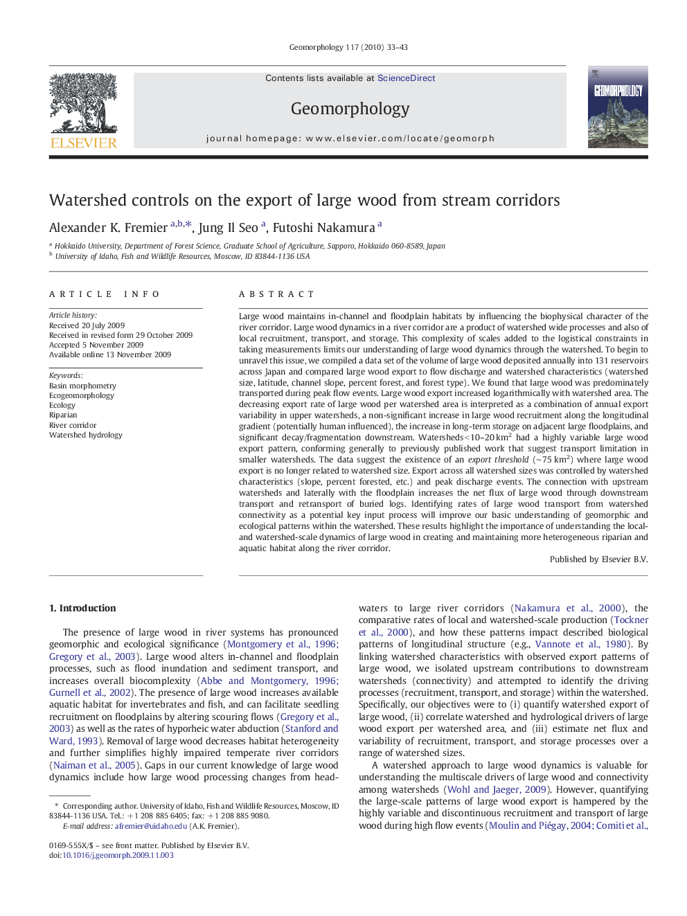 Watershed controls on the export of large wood from stream corridors