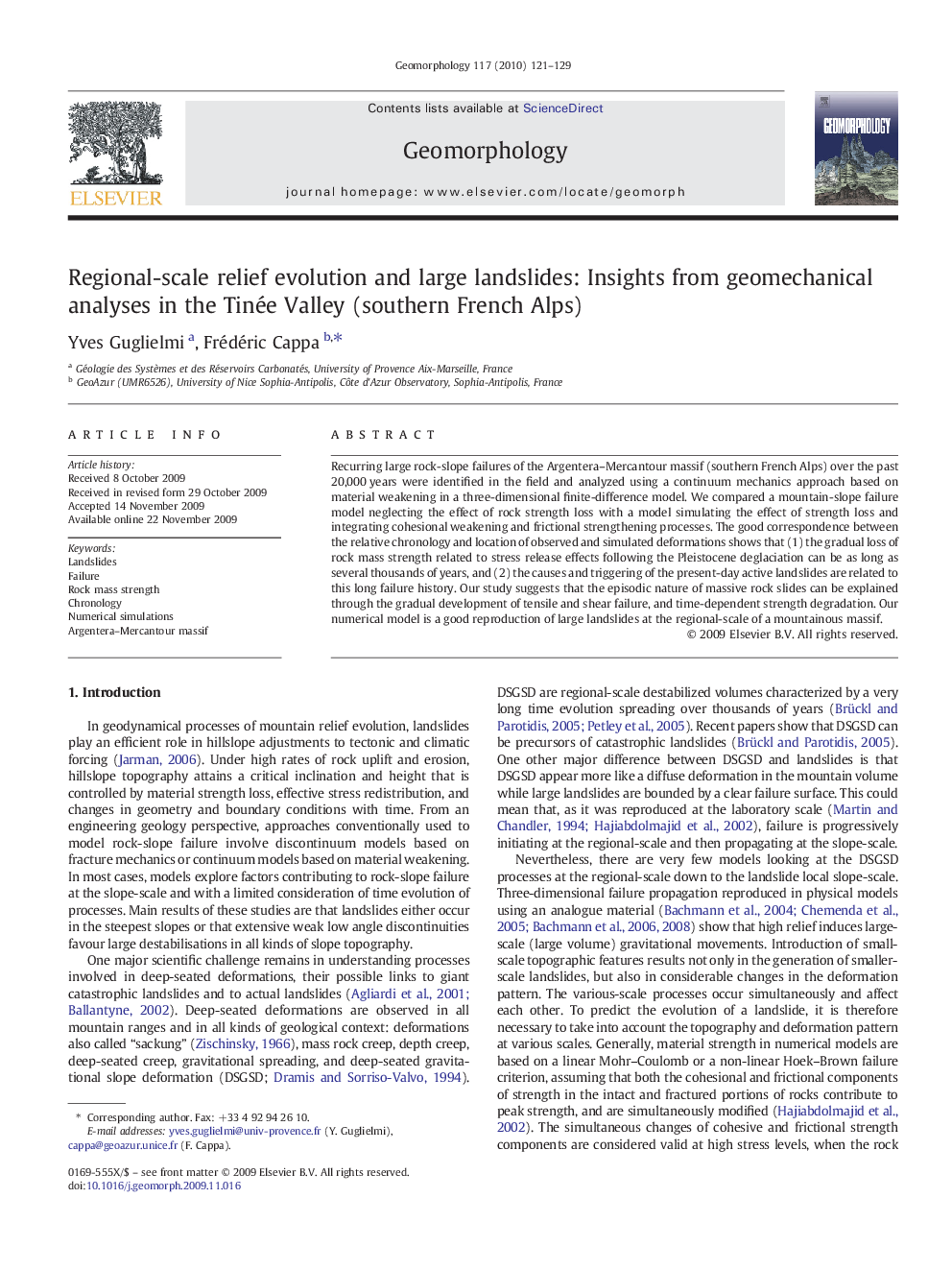 Regional-scale relief evolution and large landslides: Insights from geomechanical analyses in the Tinée Valley (southern French Alps)