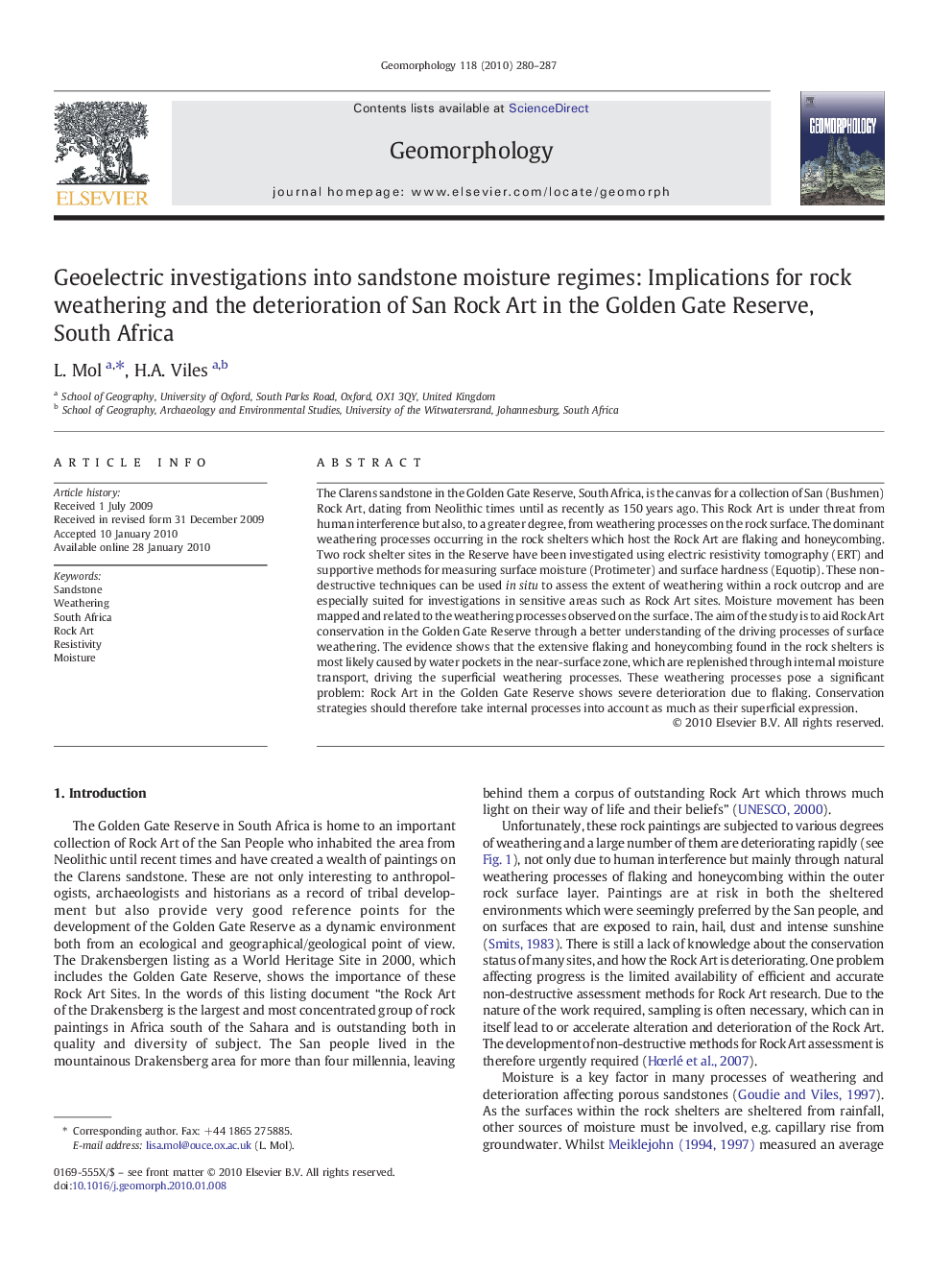 Geoelectric investigations into sandstone moisture regimes: Implications for rock weathering and the deterioration of San Rock Art in the Golden Gate Reserve, South Africa