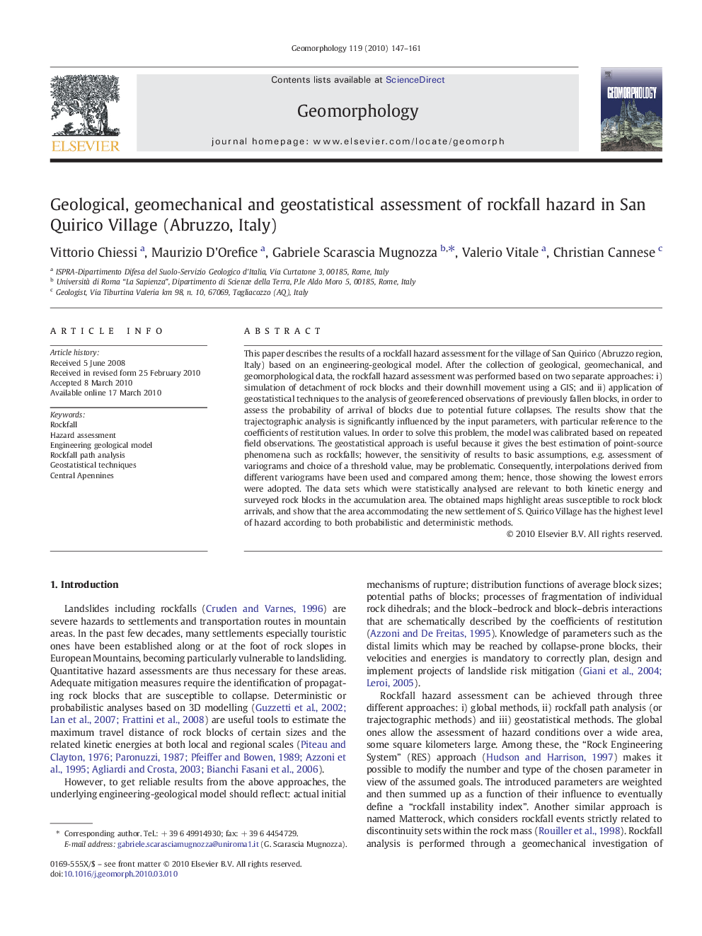 Geological, geomechanical and geostatistical assessment of rockfall hazard in San Quirico Village (Abruzzo, Italy)