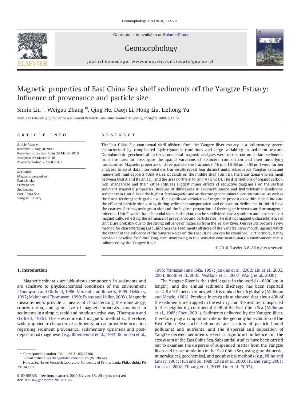 Magnetic properties of East China Sea shelf sediments off the Yangtze Estuary: Influence of provenance and particle size