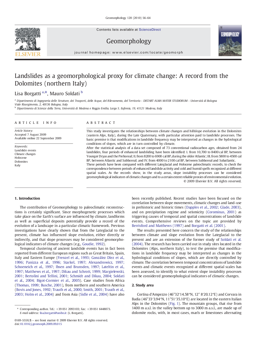 Landslides as a geomorphological proxy for climate change: A record from the Dolomites (northern Italy)