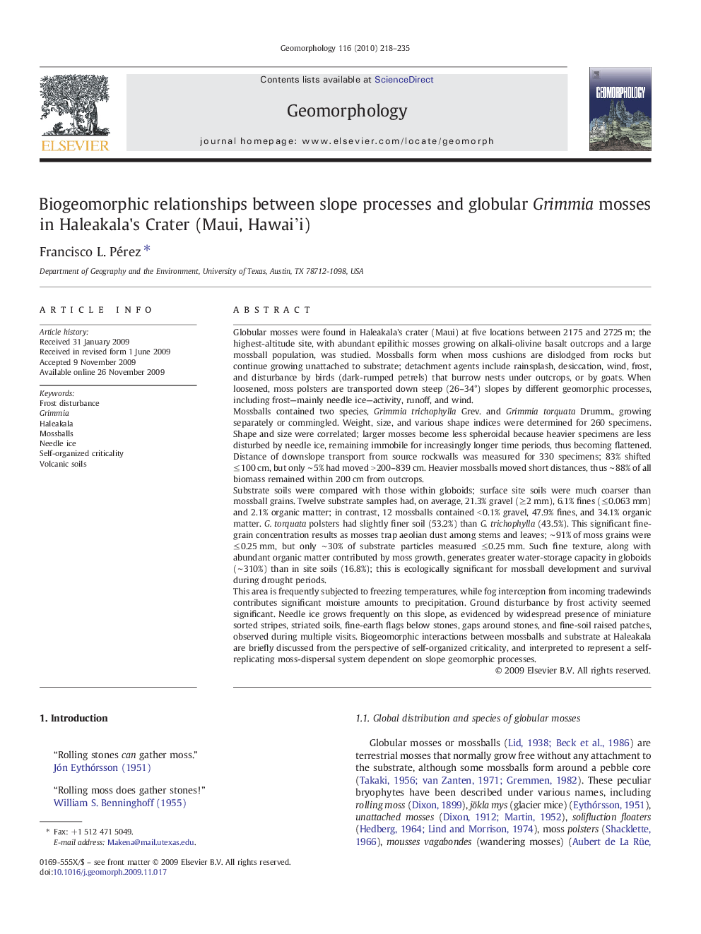 Biogeomorphic relationships between slope processes and globular Grimmia mosses in Haleakala's Crater (Maui, Hawai'i)