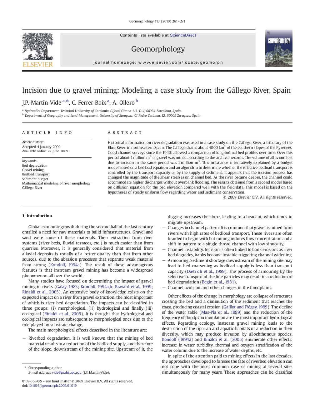 Incision due to gravel mining: Modeling a case study from the Gállego River, Spain