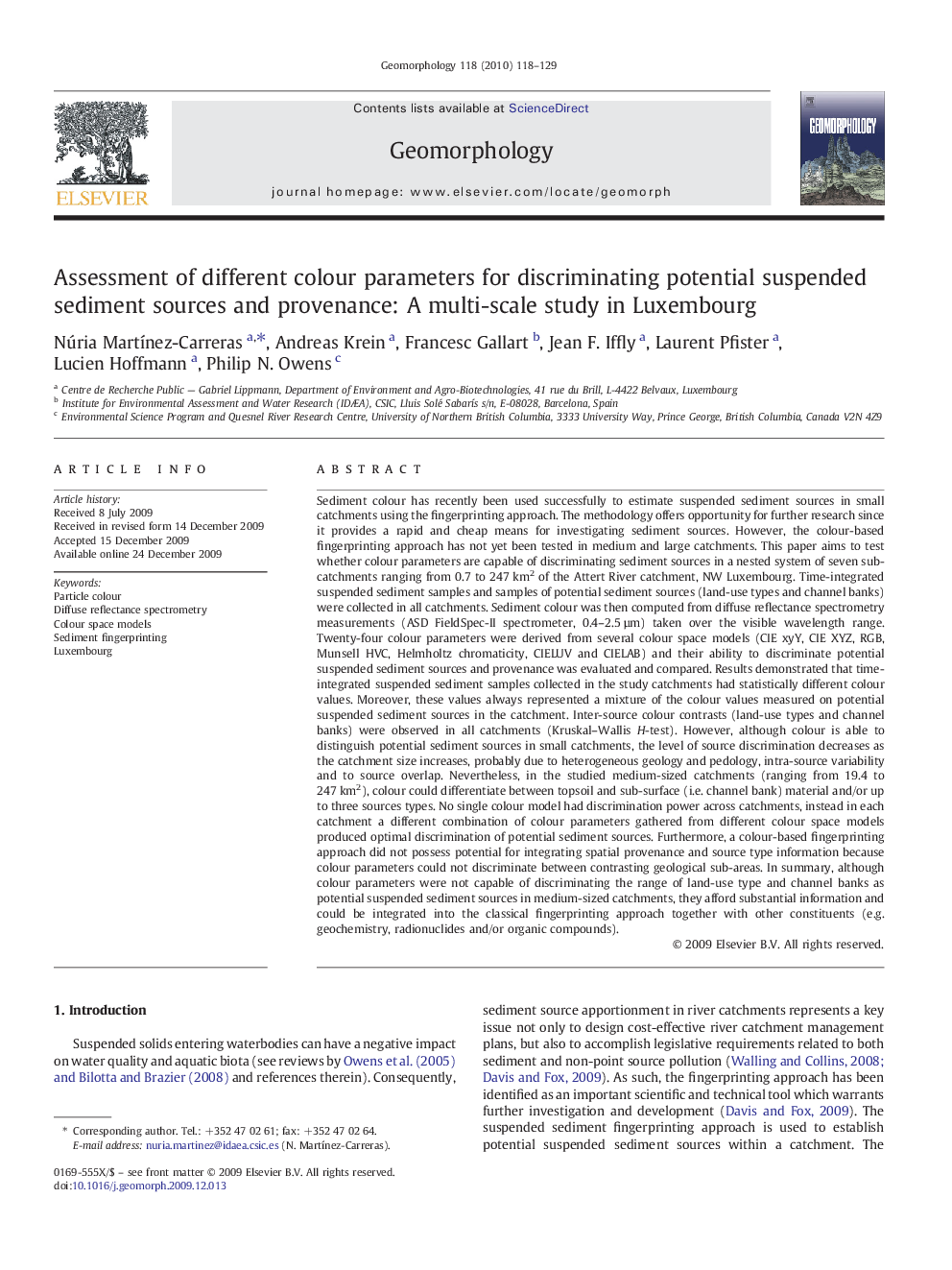 Assessment of different colour parameters for discriminating potential suspended sediment sources and provenance: A multi-scale study in Luxembourg