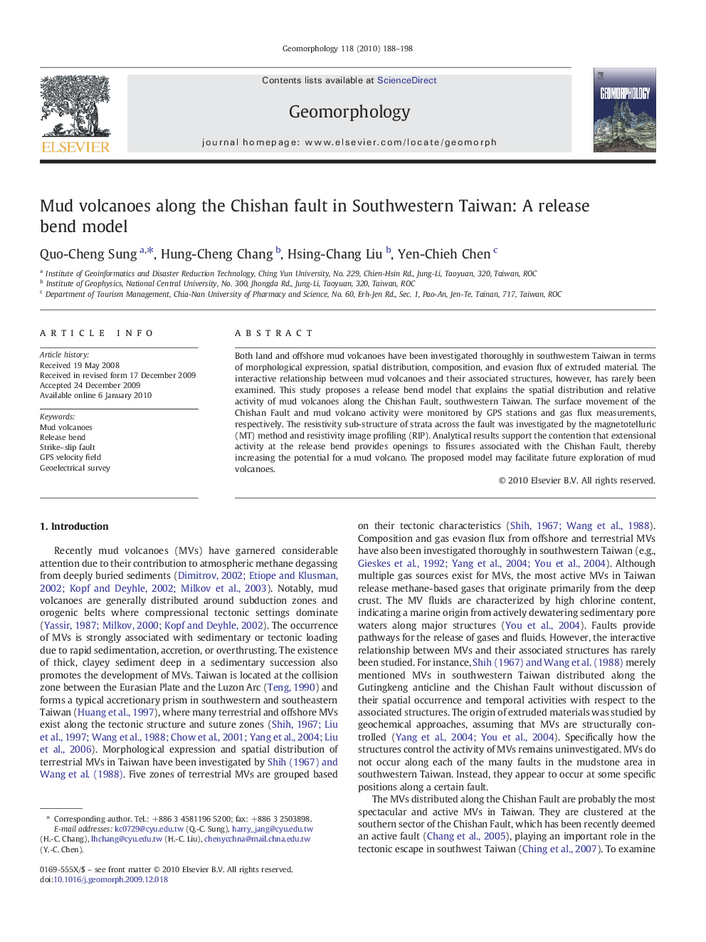 Mud volcanoes along the Chishan fault in Southwestern Taiwan: A release bend model