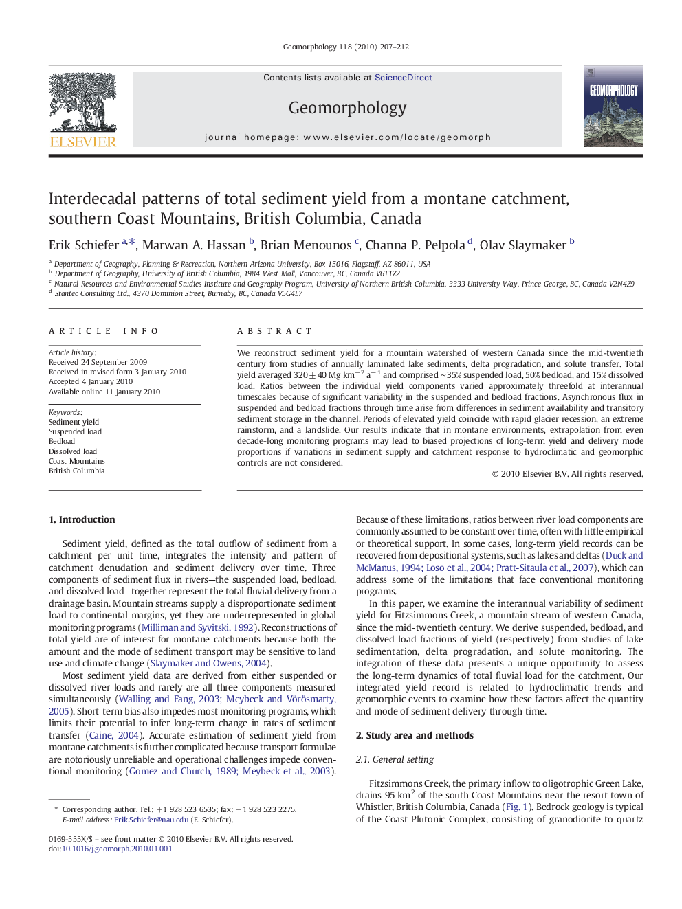 Interdecadal patterns of total sediment yield from a montane catchment, southern Coast Mountains, British Columbia, Canada