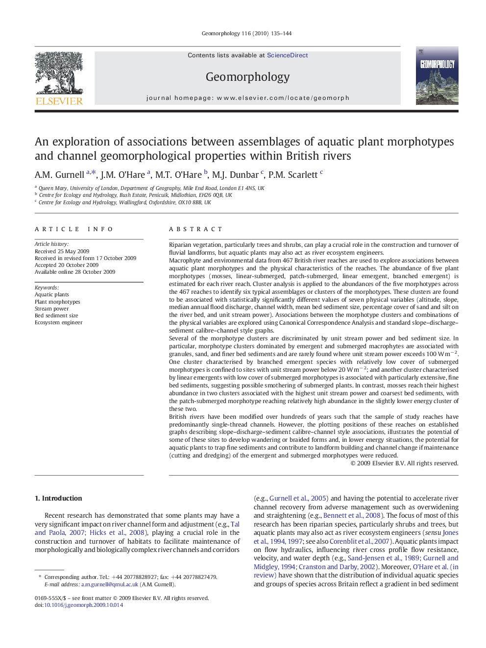 An exploration of associations between assemblages of aquatic plant morphotypes and channel geomorphological properties within British rivers