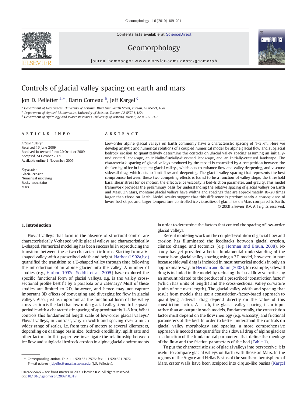 Controls of glacial valley spacing on earth and mars