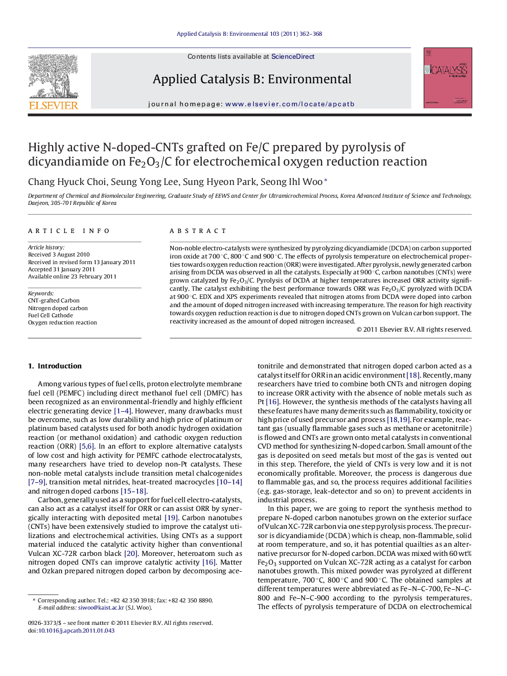 Highly active N-doped-CNTs grafted on Fe/C prepared by pyrolysis of dicyandiamide on Fe2O3/C for electrochemical oxygen reduction reaction