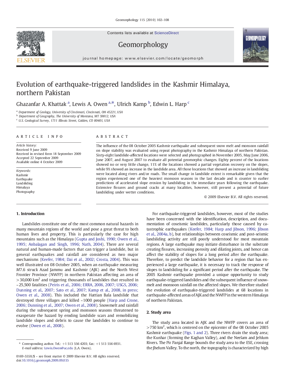 Evolution of earthquake-triggered landslides in the Kashmir Himalaya, northern Pakistan