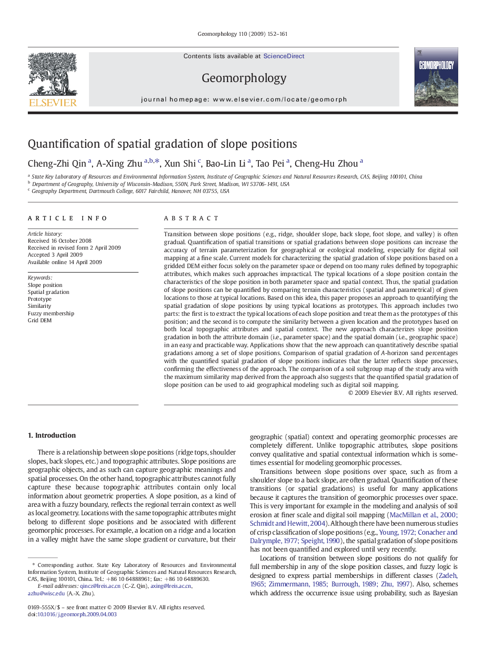 Quantification of spatial gradation of slope positions