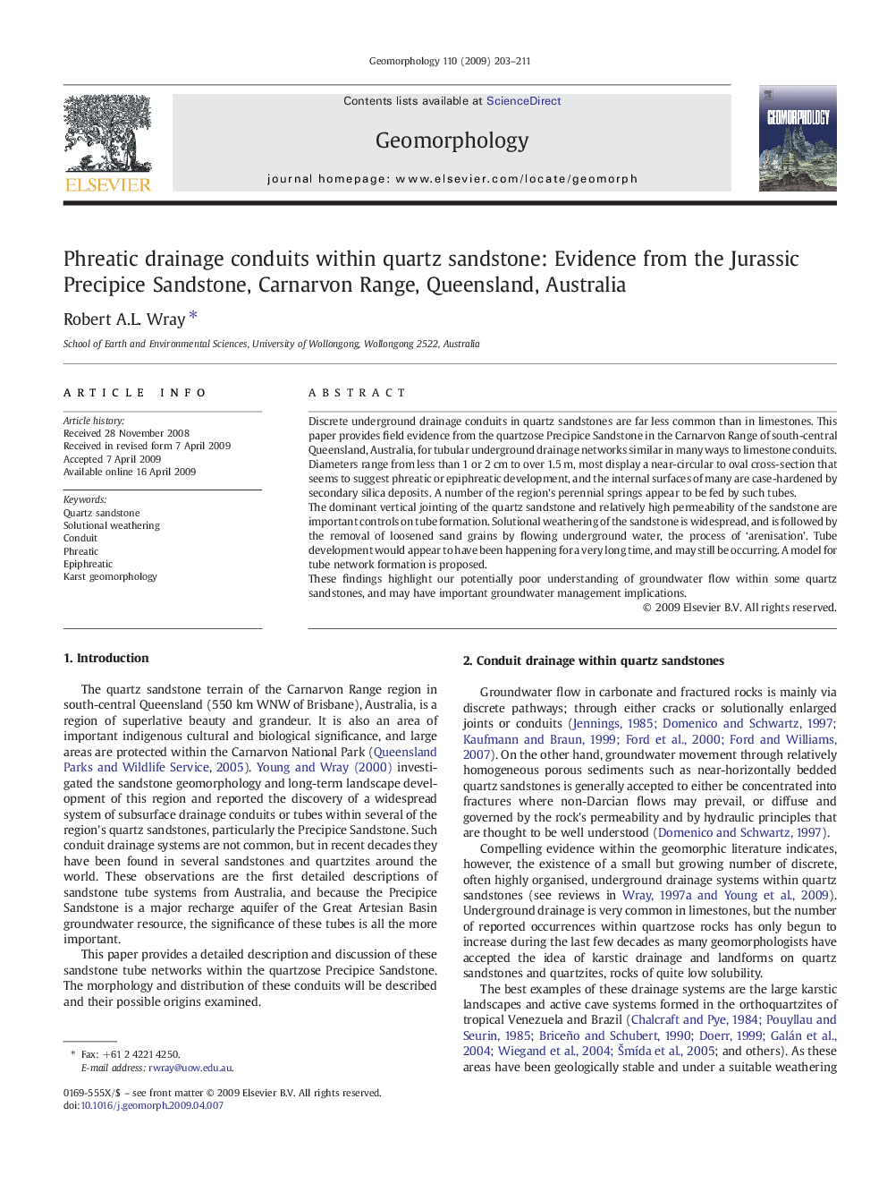 Phreatic drainage conduits within quartz sandstone: Evidence from the Jurassic Precipice Sandstone, Carnarvon Range, Queensland, Australia