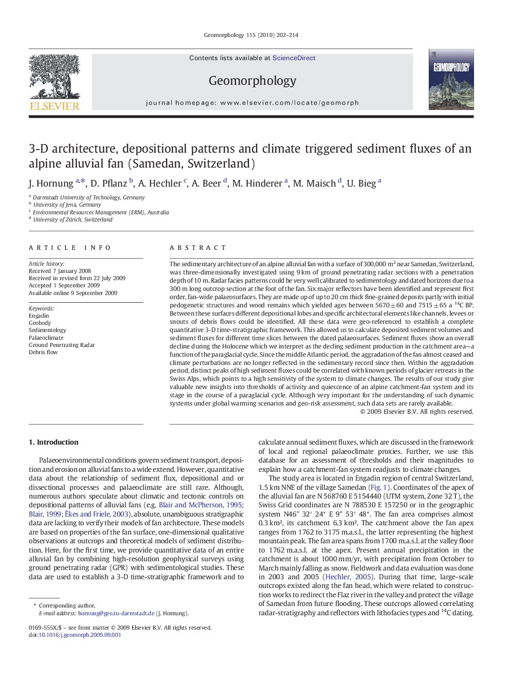 3-D architecture, depositional patterns and climate triggered sediment fluxes of an alpine alluvial fan (Samedan, Switzerland)