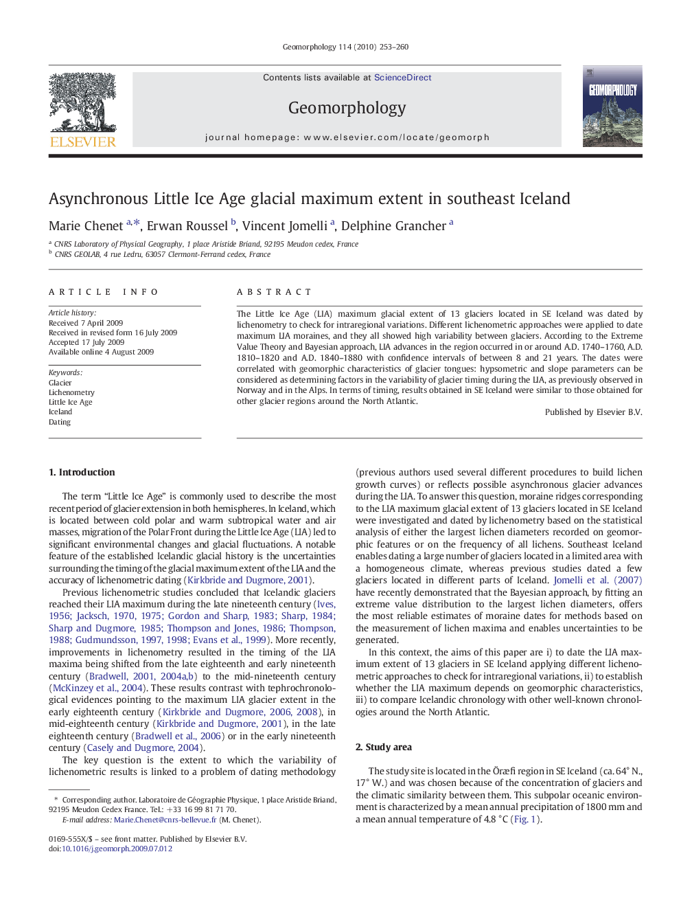 Asynchronous Little Ice Age glacial maximum extent in southeast Iceland